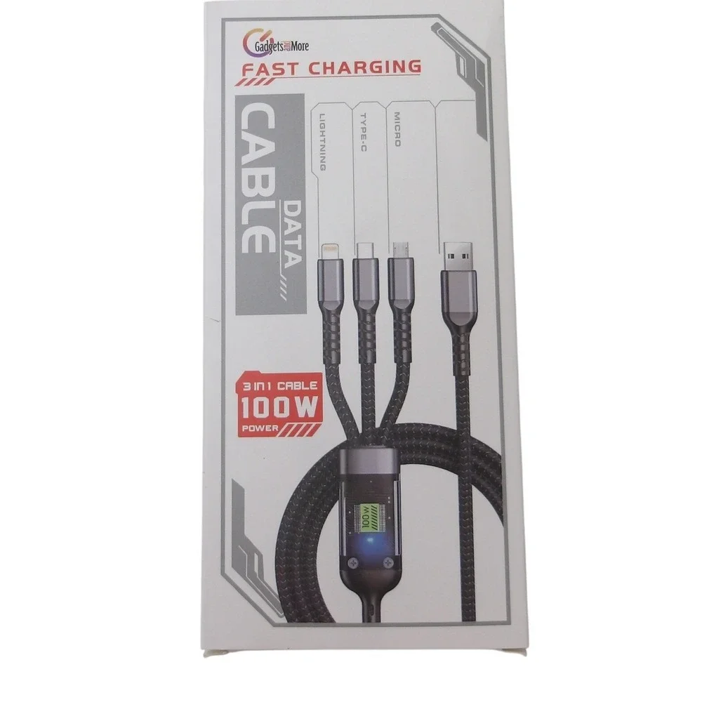 Gadgets & More 3 in 1 Fast Charging Data Cable 100W LED Display USB #26474